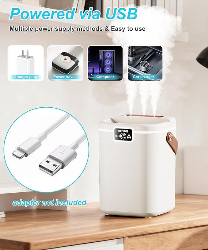 Air Humidifier for Bedroom with Three Spray, 2L Quiet Cool Mist Humidifier for Plants Dorm Room Office Home Car Personal Humidificador with Top Water Inlet & 4 Mist Modes & Night Light - Image 6