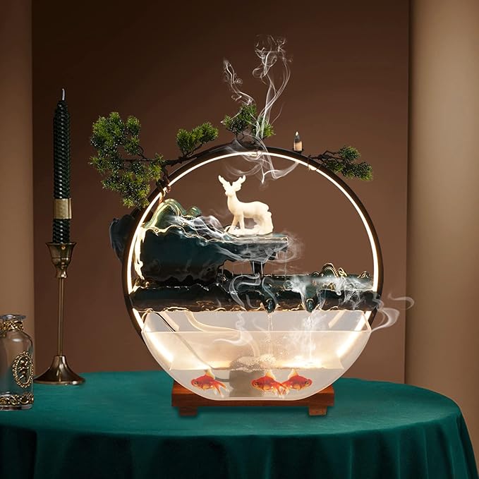 17Inch Mini Fish Tank Tabletop Decoration Indoor Waterfall Fountains Humidifier with LED Light and Atomizer Mist, Water Fountain Japanese Zen Decor Meditation Fake Plants Bonsai Gift - Image 9
