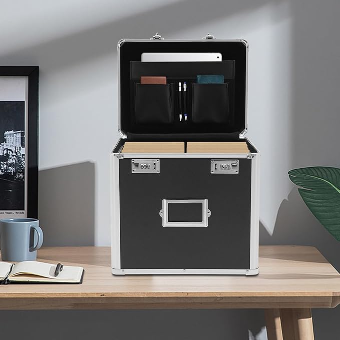 Metal Locking File Organizer Box, 13.8*10*13.4 inch Portable Locking Storage Box w/Lock for Filing Letters & Documents, File Storage Box for Offices, Hotels, Schools, Shopping Malls (Black) - Image 2