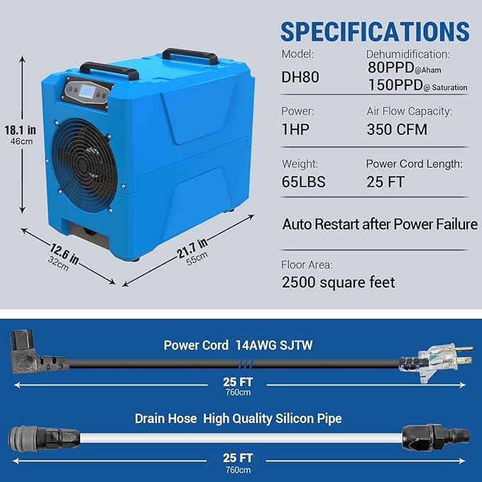 MOUNTO Commercial Dehumidifier, 150 Pint High-Capacity, Includes Pump Drain Hose for Water Damage Restoration, Ideal for Basements, Warehouses & Job Sites - Image 5