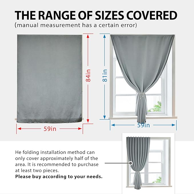 Magic Tape Stick on Portable Curtains for Windows,Bedroom Blackout Curtains for - Thermal Lnsulated No Drill Curtains Room Darkening Black Small Drapes(1 Panels,59Wx84L inch-Silver Gray) - Image 3