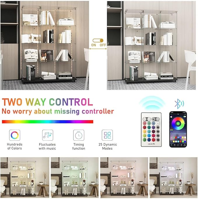 Yoluckea 4-Tier Glass Display Cabinet Extra Large with Bluetooth LED Light Strip, 2-Door Floor Standing Curio Cabinet with Universal Wheel for Home, Black Glass Bookshelf for Collections, Clear Top - Image 3