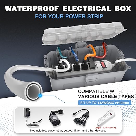 Flemoon Medium Outdoor Electrical Box Waterproof with Clear Lid, Weatherproof Extension Cord Cover for Photocell Light Sensor Timer, Power Strip, Outlet, Plug, Socket, Transparent and Gray - Image 2