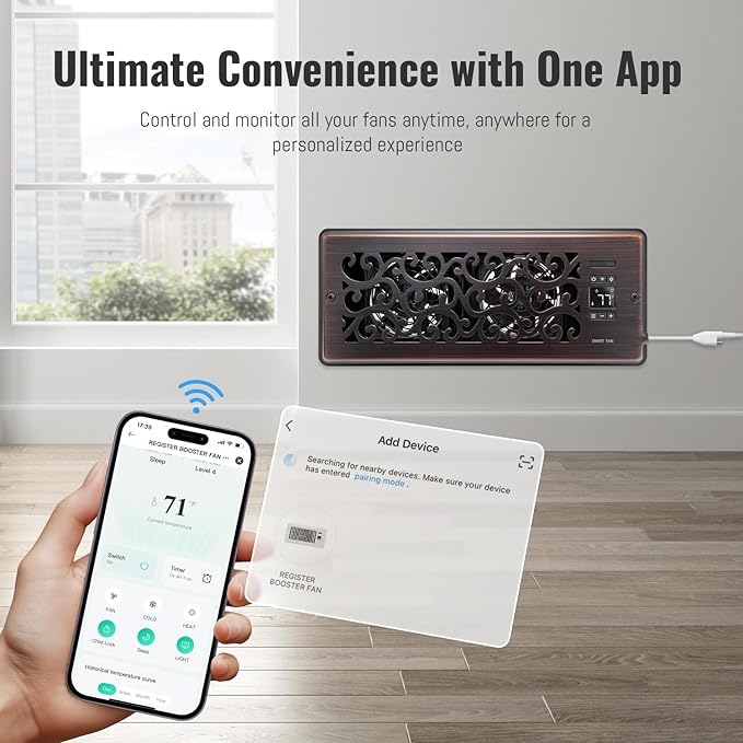 Register Booster Fan for 4" x 12" Register Holes, Quiet Vent Fan Booster with Intelligent Thermostat, Improves Heating Cooling, App Control, 10-Speeds, Charleston Smart Register Vent, ORB - Image 2