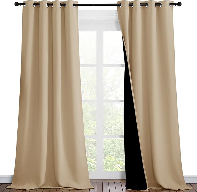 NICETOWN Living Room Completely Shaded Draperies, Privacy Protection & Noise Reducing Black Lined Insulated Window Treatment Curtain Panels for Patio Door (Set of 2 Pcs, W46 x L90, Biscotti Beige) by NICETOWN