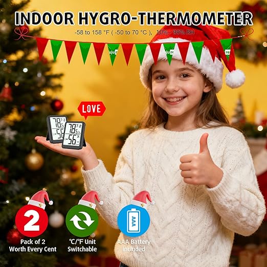 2-Pack Room Thermometer Indoor Hygrometer for Home, Temperature Humidity Meter, Humidity Gauge, Digital Room Temperature Monitor Sensor for Baby Nursery Car Plant - AAA Battery Included - Image 2