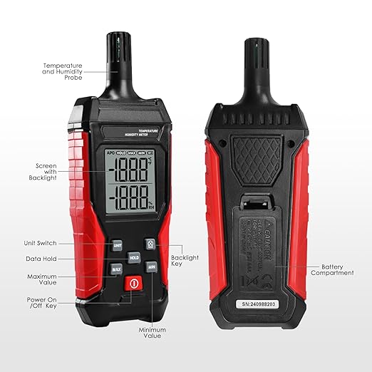 Temperature Humidity Meter, Digital Hygrometer Temperature Indoor and Outdoor, High Precision Psychrometer with Data Hold MAX/MIN,LCD Backlight - Image 5