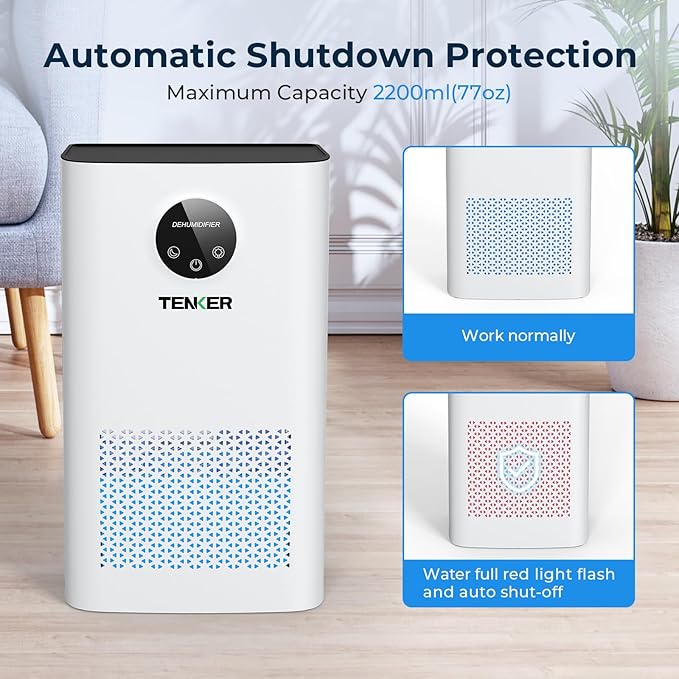 TENKER Dehumidifier for Home, 77 OZ Water Tank (1000 sq.ft) Dehumidifiers, Quiet Dehumidifier with Sleep Mode, Auto Shut Off, 7-Color LED Light for Closet Bedroom Bathroom Basement RV, White - Image 7