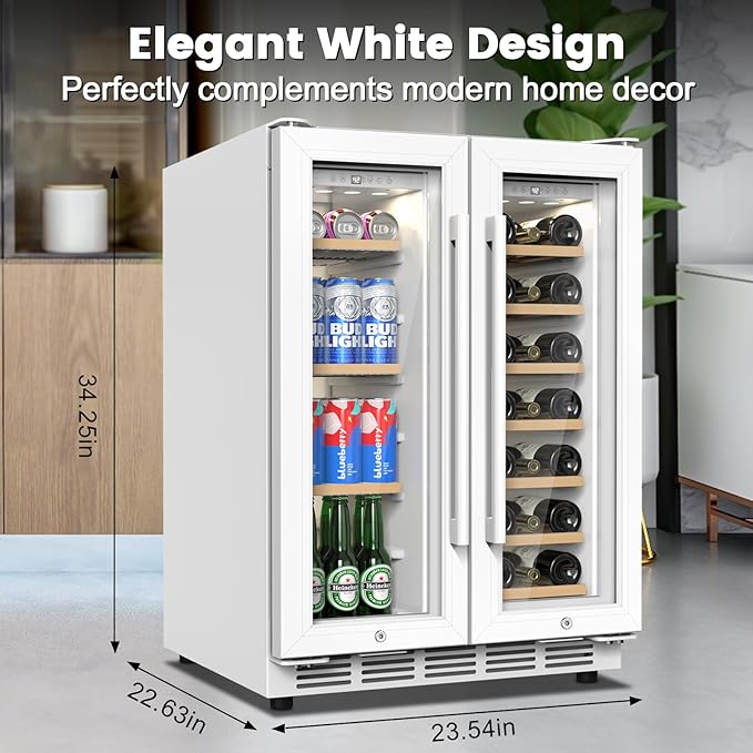 24 Inch Dual Zone Wine and Beverage Refrigerator - Under Counter Built-in/Free Standing Beverage Cooler with Glass Door,Beverage Fridge with Large Capacity, Advanced Cooling System, White - Image 2