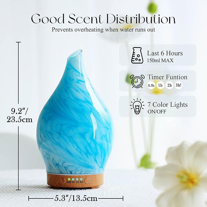 Porseme 150ml Essential Oil Diffuser Glass Color Changing Aroma Air Diffusers Aromatherapy Ultrasonic Cool Mist Humidifier 6 Running Hours Waterless Auto-Off for Sleeping Yoga Office Spa (Blue Wave) - Image 3