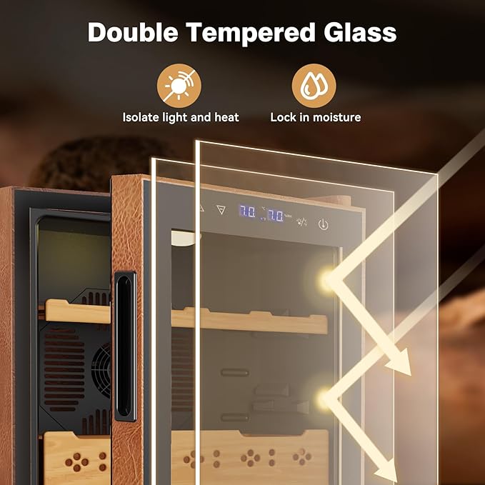 Electric Cooler Cabinet 50L with Temperature and Humidity Control, Leather Finish, Spanish Cedar Wood Shelves and Safety Lock (400 Counts Capacity), Gift for Men - Image 8