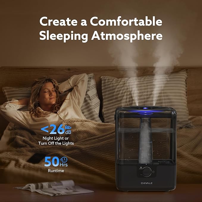 CHIVALZ Humidifiers for Bedroom Large Room Home, 6L Cool Mist Humidifier for Baby and Plant, Oil Diffuser, Top Fill Humidifier with Night Light, Quiet 23dB, Up to 26H, Black 1Pack - Image 3