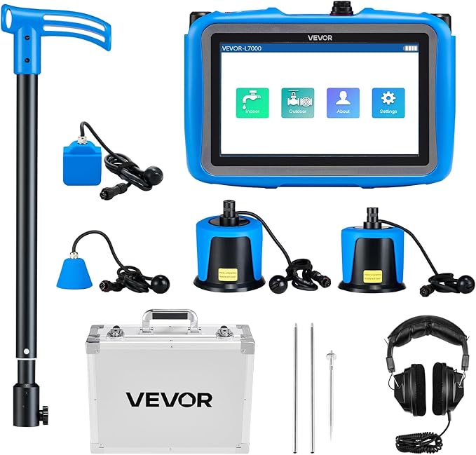 VEVOR Pipe Water Leak Detector with 4 Sensors, 1Hz-10000Hz, 7" Touchscreen Underground Plumbing Leakage Detection Locator with 3 Listening Rods, Headphones, 8GB Card & Carry Case for Indoors Outdoors by VEVOR