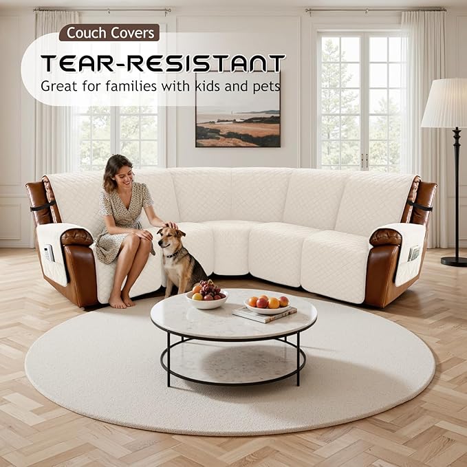 Arfntevss Waterproof Recliner Sectional Couch Covers for Reclining Sectional L Shape Sofa Cover Non Slip Washable Recliner L Shaped Slipcover Dog Additional Seat Protector (1 Seat Cover, Beige) - Image 7