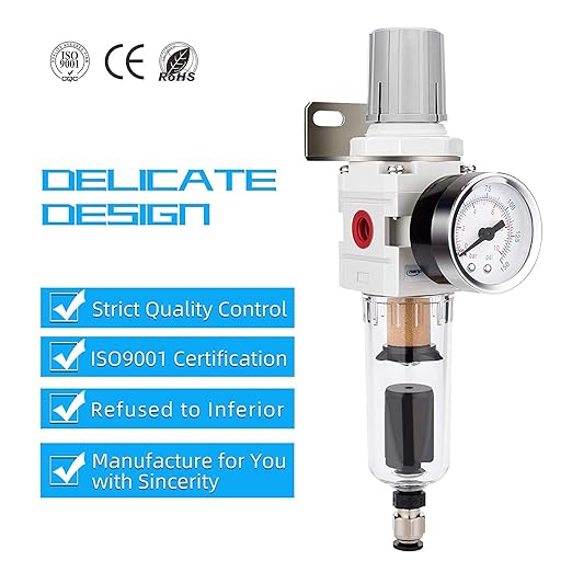 NANPU 1/4" NPT Compressed Air Filter Regulator Combo Piggyback, 5 Micron Brass Element, Poly Bowl, Semi-Auto Drain, Metal Bracket, 0-150 psi Gauge - Image 6
