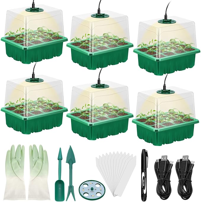 Lunies 6 Packs Seed Starter Tray with Grow Light, Indoor Greenhouse Seeding Starter Trays for Planting, Base Gardening Plant Germination Kit, Seed Starter Kit with Humidity Domes, (12 Cells per Tray) by Lunies