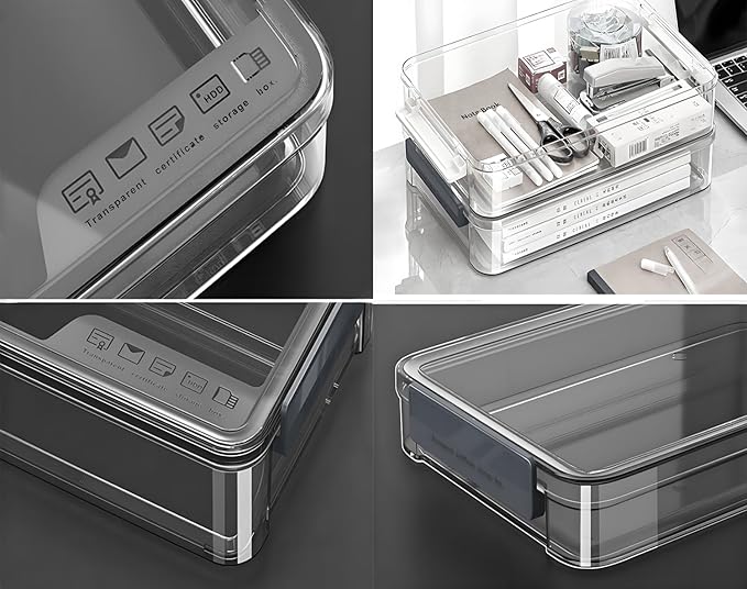 2 Pcs Plastic Portable Project Case, Clear Stackable Storage Boxes Organizer for A4 Files, Scrapbooks, Art Supplies (‎Blue Latch, Small) - Image 3