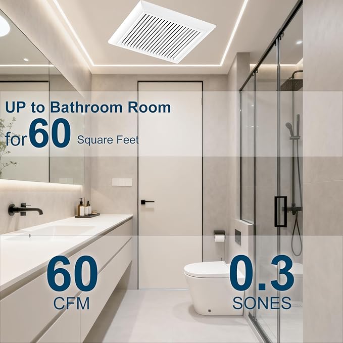 Bathroom Exhaust Fan 60 CFM 0.3 Sone, 4 Inch Duct, Quiet Energy Saving Ventilation Fan, Easy to Install, No Attic Access Needed Ceiling Mounted, White, ETL Certified - Image 2