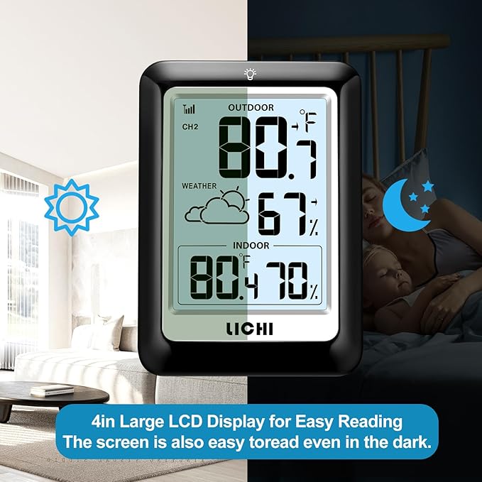 Indoor Outdoor Thermometer Wireless Weather Station, Internal External Thermometer Hygrometer, Home Batteryoperated Temperature Humiditymonitors330 Feet (About 100 Meters) Backlight Display (Black) - Image 6
