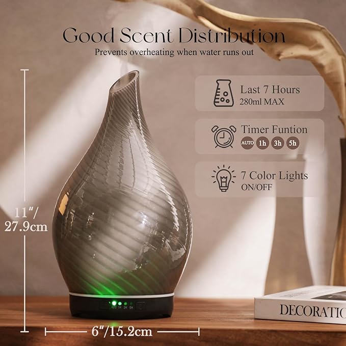 Porseme 280ml Essential Oil Diffuser Glass Color Changing Aroma Air Diffusers Aromatherapy Ultrasonic Cool Mist Humidifier 7 Running Hours Waterless Auto-Off for Sleeping, Yoga, Office (Pure Grey) - Image 3