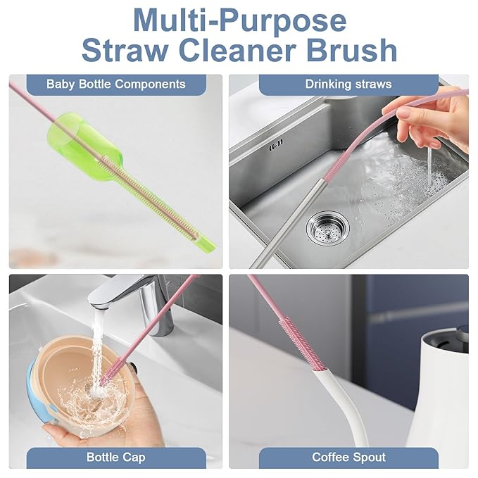 Reusable Silicone Straw Cleaner Brush Set, 2-Pack Extra Long Straw Cleaning Brush for Metal Glass Water Bottle Drinking Straws, Flexible&Bendable Design, Dishwasher Safe, 6mm & 8mm Diameter - Image 3