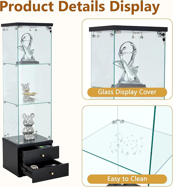 Yoluckea 3 Shelves Glass Display Cabinet with Door, Curio Collection Glass Display Case with 2 Soft-Close Drawers for Home Office, Floor Standing Bookshelf Corner Cabinet for Book Toys Glory (Black) - Image 4