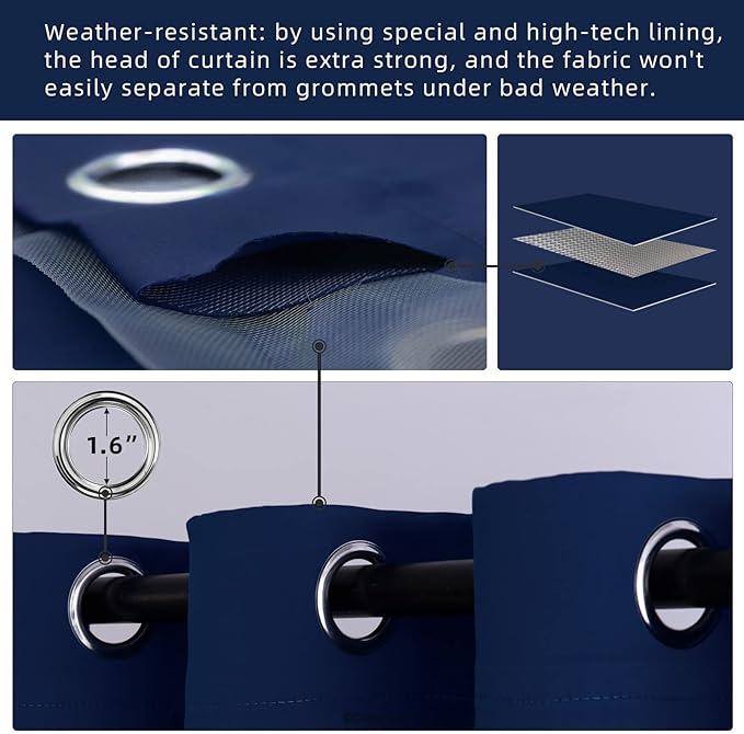 Outdoor Patio Curtain Waterproof Darkening Thermal Insulated Indoor Curtains for Bedroom, Porch, Living Room, Pergola, Cabana, W105 x L120 Extra Wide Room Divider, Navy, Set of 2 Panels - Image 3