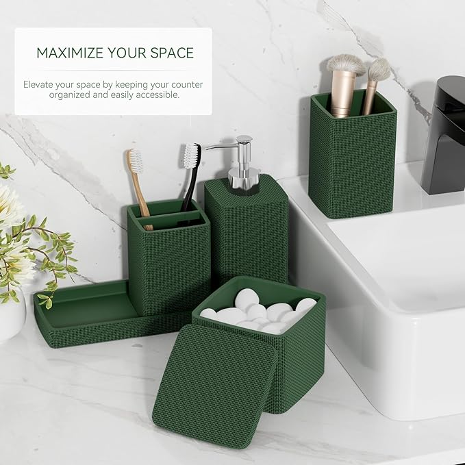Dark Green Bathroom Accessories Set 5 Pieces, Resin Toothbrush Holders Set Complete with Soap Dispenser, Toothbrush Holder, Vanity Tray, Bathroom Tumbler and Qtip Holder for Small Spaces - Image 2