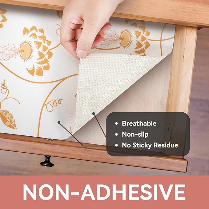 RAY STAR Shelf Liner, Non Adhesive Golden Leaves Floral Kitchen Cabinet Liner for Pantry Drawer, Strong Grip Non Slip Waterproof, Shelf Liners for Kitchen Cabinets Cupboard 12 Inch x 10 FT (2 Rolls) - Image 8
