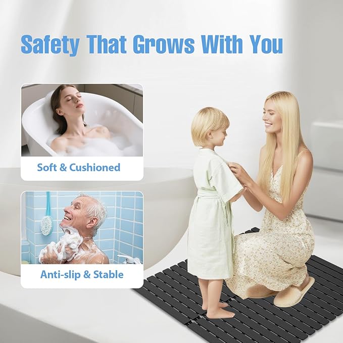 ​Shower Mat Non-Slip Bath Mat for Tub and Shower Stall,200+ Suction Cups with Drain Holes, Quick Dry Machine Washable, Extra Grip for Stand Up Showers, Bathroom Essentials 24x24 Inch(Black) - Image 8