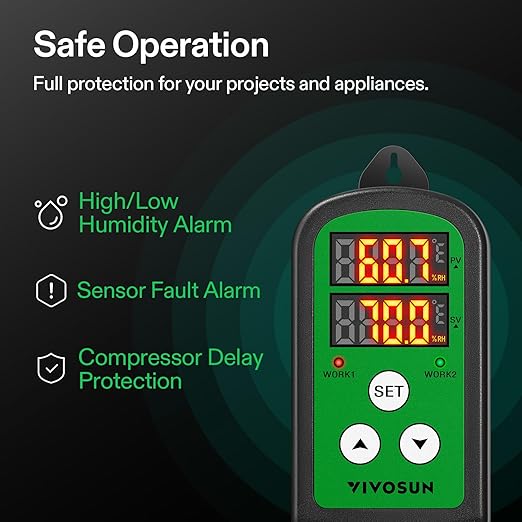 VIVOSUN Humidity Controller, 1200W Dual-Stage Outlet, Pre-Wired Digital Humidistat with Dual LED Displays for Humidifier/Dehumidifier/Fan, Ideal for Greenhouse, Grow Tent, Home-Brewing, Mushroom - Image 6