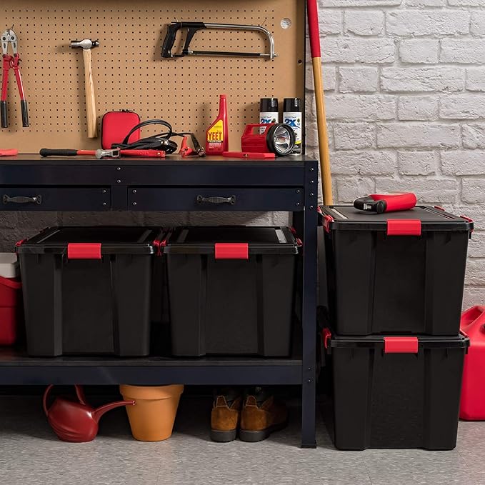 IRIS USA WeatherPro 74 Qt Storage Bins with Lids, 3 Pack, BPA-Free Plastic Gasket Box with Tight Latch and Seal, Stackable Nestable Tote Tub - Black/Red - Image 8