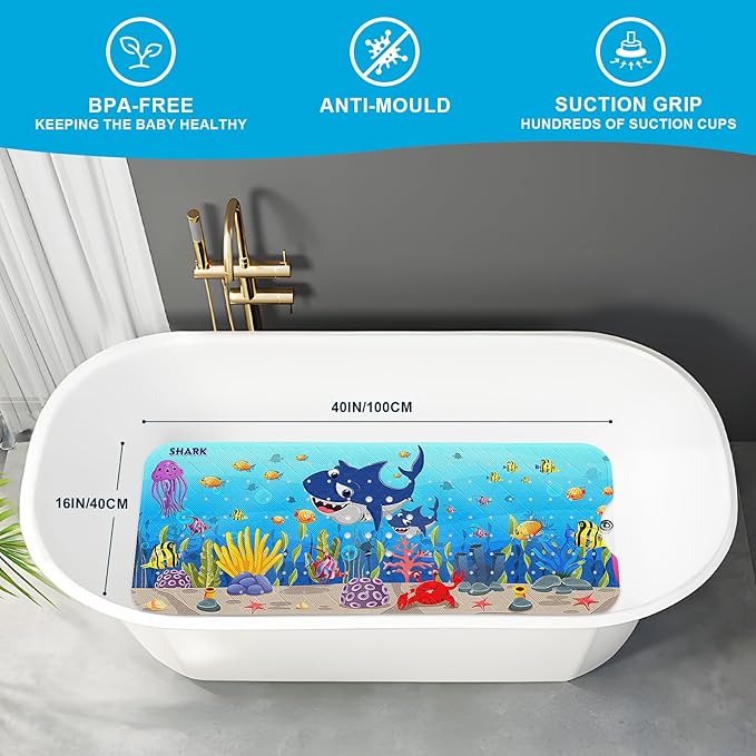 XIYUNTE Baby Bath Mat for Tub Non Slip Kids Bath Mat - 40''x16'' Extra Long Cartoon Bathtub Mat Non Slip Kids Shower Mat Eco-Friendly Toddler Bath Mats with Suction Cups, Machine Washable, Shark - Image 2