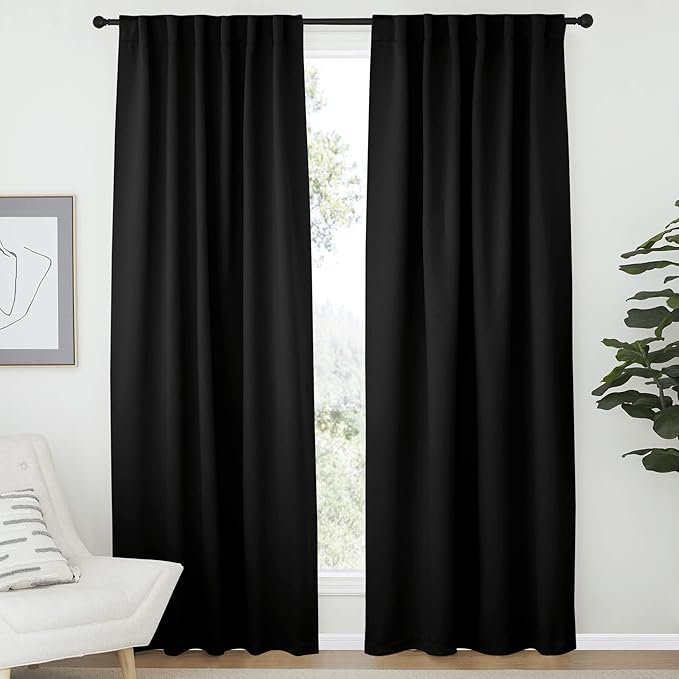 NICETOWN Blackout Living Room Curtains 80 inches Long, Black Out Curtain Panels for Bedroom - (Black Color) W52 x L80, 1 Pair, Thermal Insulated Blackout Draperies Window Treatment by NICETOWN
