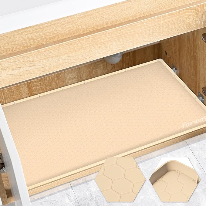 Waterproof Under Sink Mat 28" x 22", Silicone Cabinet Liner, Rubber Protector for Kitchen and Bathroom, Keeps Cabinets Clean, Dry, and Organized (Beige) by FORWOS