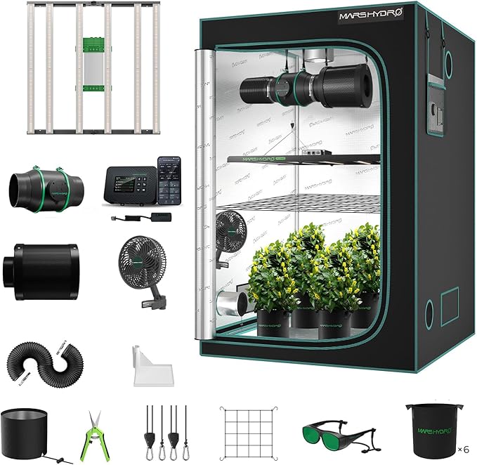 Mars Hydro 4x4 Smart Grow Tent Kit Complete System with WiFi-Integrated Controller 43,480W FC-E4800 Dimmable Light 2646Pcs LED,48"x48"x80" 1680D High Reflective Mylar,6inch Automatic Ventilation Kit by MARSHYDRO