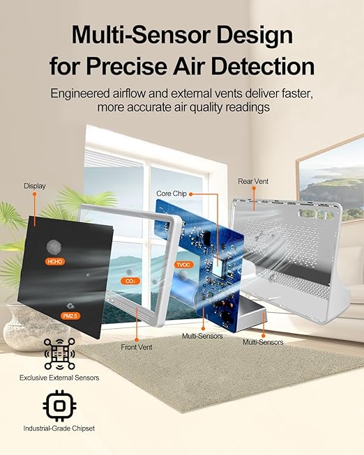 16 in 1 Indoor Air Quality Monitor, 7" LED Display 9 AQI+7 AQI Auto Alerts Air Quality Meter for CO2 Monitor/HCHO/TVOC/Temperature/Humidity, Battery Powered, Air Detector Air Quality Tester for Home - Image 3