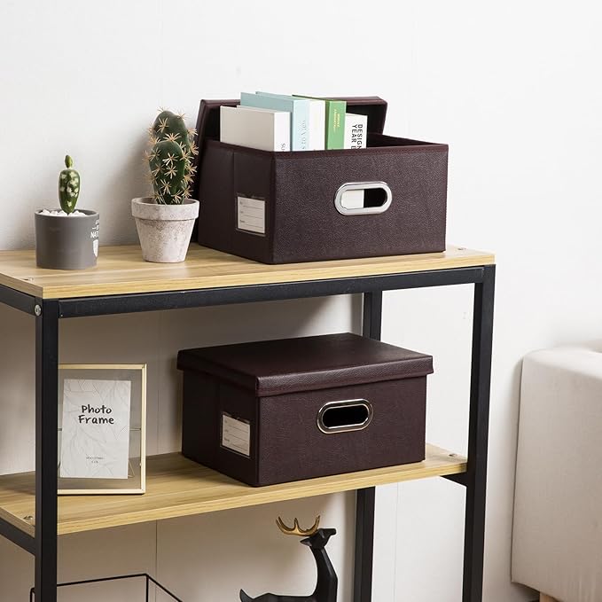 PRANDOM Collapsible Storage Box with Lid [3-Pack] Leather Fabric Foldable Storage Bin Organizer Container Basket Cube with Cover for Home Bedroom Closet Office Nursery Brown(13.6x9.6x6.9) - Image 2