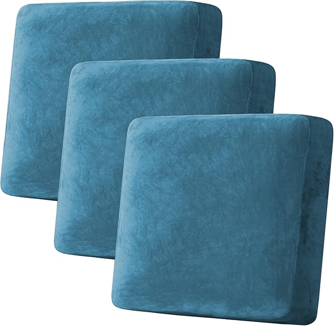 H.VERSAILTEX Velvet Stretch Couch Cushion Cover Plush Cushion Slipcover for Chair Loveseat Sofa Cushion Furniture Protector Seat Cushion Sofa Cover (3 Piece XL Sofa Cushion Covers, Peacock Blue) by HVERSAILTEX