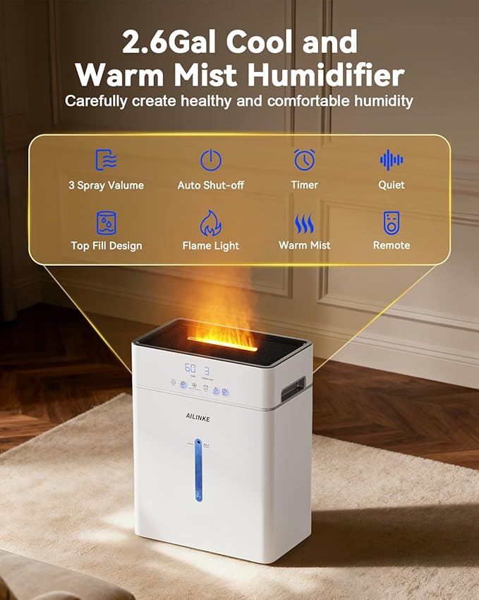Humidifiers for Bedroom Large Room 10L/2.64Gal, Warm and Cool Mist Humidifier Large Room, Simulated Flame Humidifier Light, 12H Timer, 3 Speed, Top Fill, 1000sq.ft for Baby/Plant/Office - Image 3