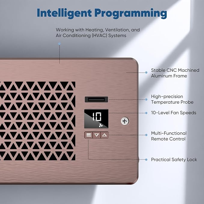 Register Booster Fan for 4" x 10" Register Holes with Remote Control and Thermostat, 10-Speeds AC Vent Booster - Improves Heating&Cooling Airflow, Quiet Air Duct Fan for Wall, Bronze, 2-Pack - Image 4