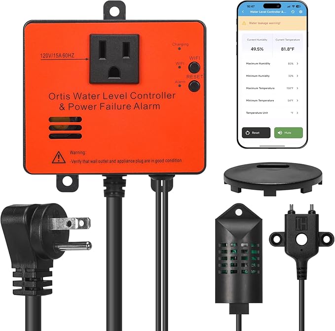 Ortis WiFi Power Failure & Water Leak Alarm, Real-Time Monitoring of Water Level, Temperature & Humidity, 110dB Siren with Flashing Light, APP Alerts, Ideal for Laundry Rooms & Basements by SafeEfficientToolSwitches