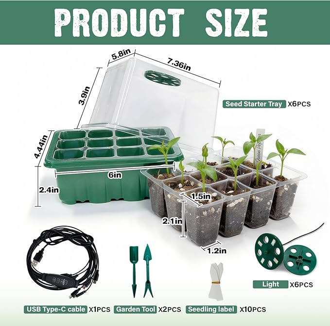6 Pack Seed Starter Kit with Grow Light 72 Cells Plant Starter Trays with 3.9 Inch Adjustable Humidity Dome Reusable Indoor Plant Germination Tray for Gardening - Image 2
