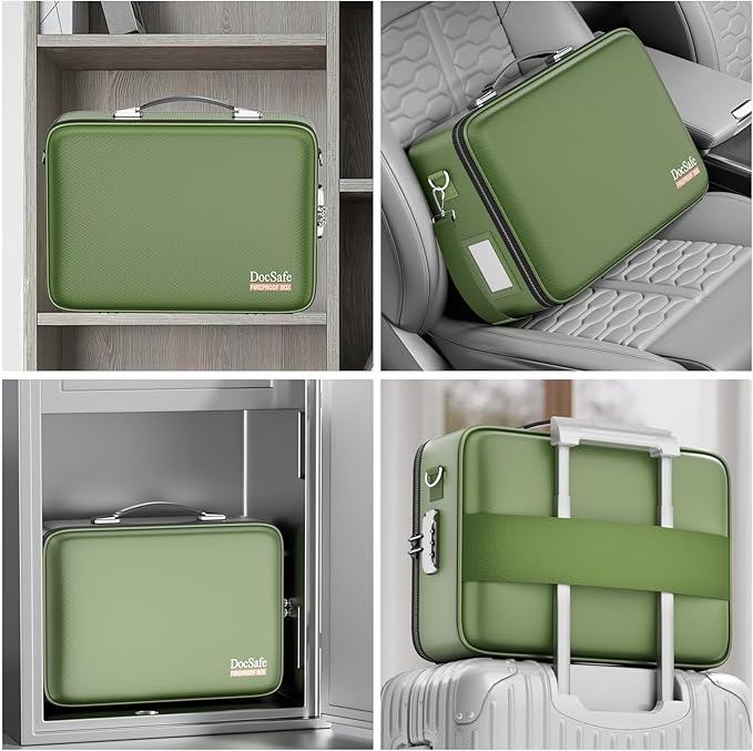 DocSafe Fireproof Document Box with Lock, Hard Case File Organizer with Accordion File Folder, Fireproof Water Resistant Safe Box Home Office Travel Storage for Important Documents Laptop Green - Image 6