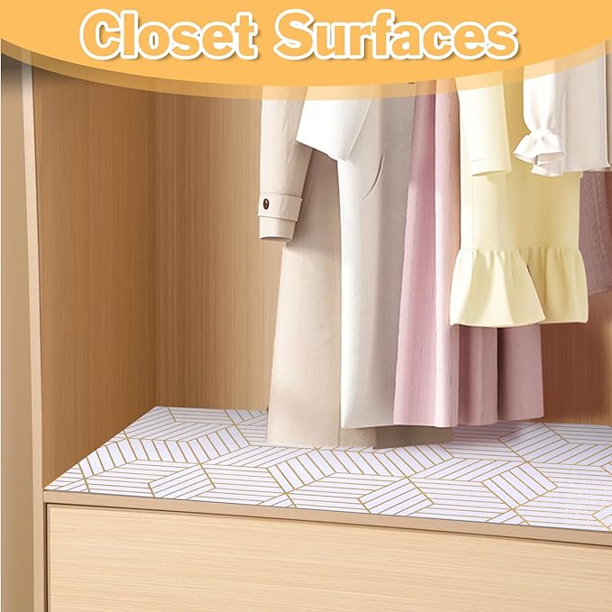 Shelf Liners for Kitchen Cabinets Non Adhesive Shelf Liner Paper Non-Slip Thickened Drawer Liner Easy to Clean for Tool Box Refrigerator with Knife and Tape Measure, Gold Geometric, 11.8 x 354.3 in - Image 7