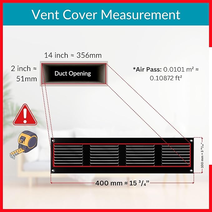 14x2 Vent Cover (Duct Opening) - Black HVAC Return Air Grille for Wall and Ceiling - Metal AC Vent Cover with Mesh - Rectangular Ventilation Register - External Dimensions: 15.75" W x 3.94" H - Image 6