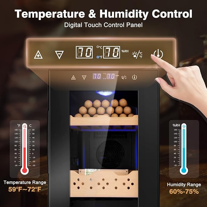 Electric Cooler Cabinet 25L with Temperature and Humidity Control, Spanish Cedar Wood Shelves and Safety Lock (180 Counts Capacity), Gift for Men - Image 2