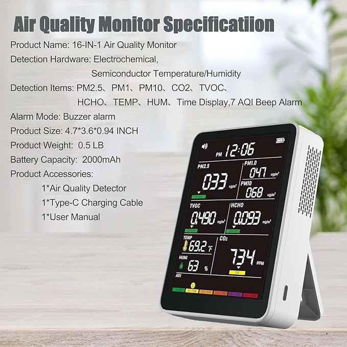 Professional Indoor Air Quality Monitor with AQI Alarms, Portable Real-Time Detector for Home Cars Plants and Pets (Grey) - Image 7