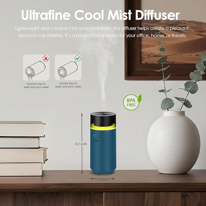 HODEMI Portable Smart Essential Oil Diffuser,Cold Mist Car Air Freshener Aromatherapy Diffuser with 10 LED Lights,Built-in Battery,Auto On/Off,4/8 Timer Modes,for Home Office and Travel (Blue) - Image 3