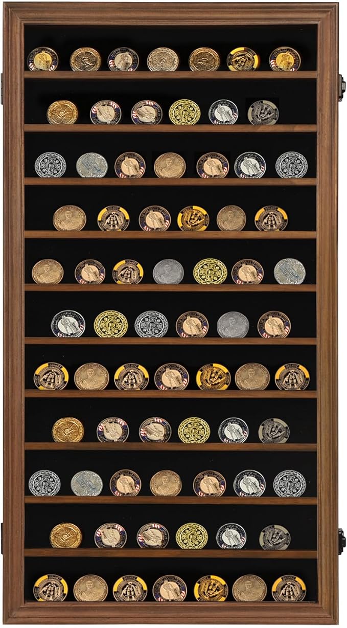 Jinchuan Military Challenge Coin Display Case Lockable Cabinet Rack Shadow Box with Removable 2 Grooves Shelves and Anti Fade Acrylic Glass for Casino Poker Chips Collectibles, Extra Large - Walnut - Image 7